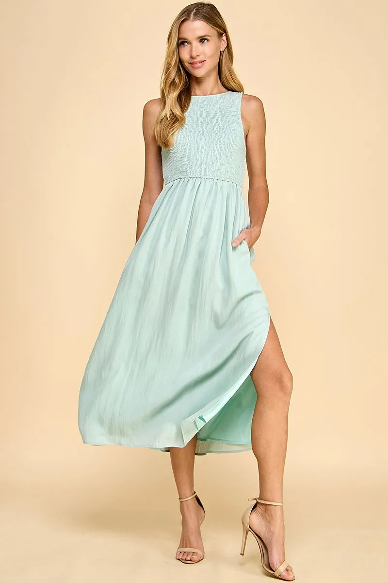 Sleeveless Smocked Bodice Midi Dress