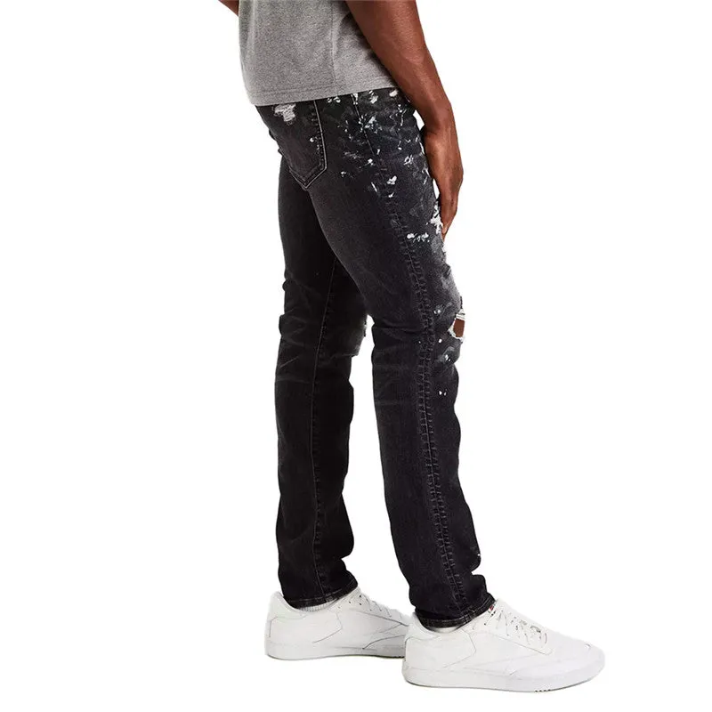 Slim Fit Men's Ripped Jeans Skinny Paint Splash-ink Straight Pants