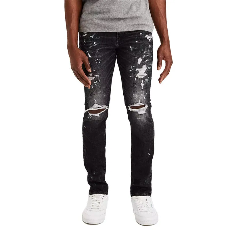Slim Fit Men's Ripped Jeans Skinny Paint Splash-ink Straight Pants