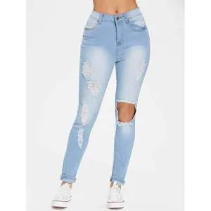 Slim Fitted Distressed Jeans - Light Sky Blue M