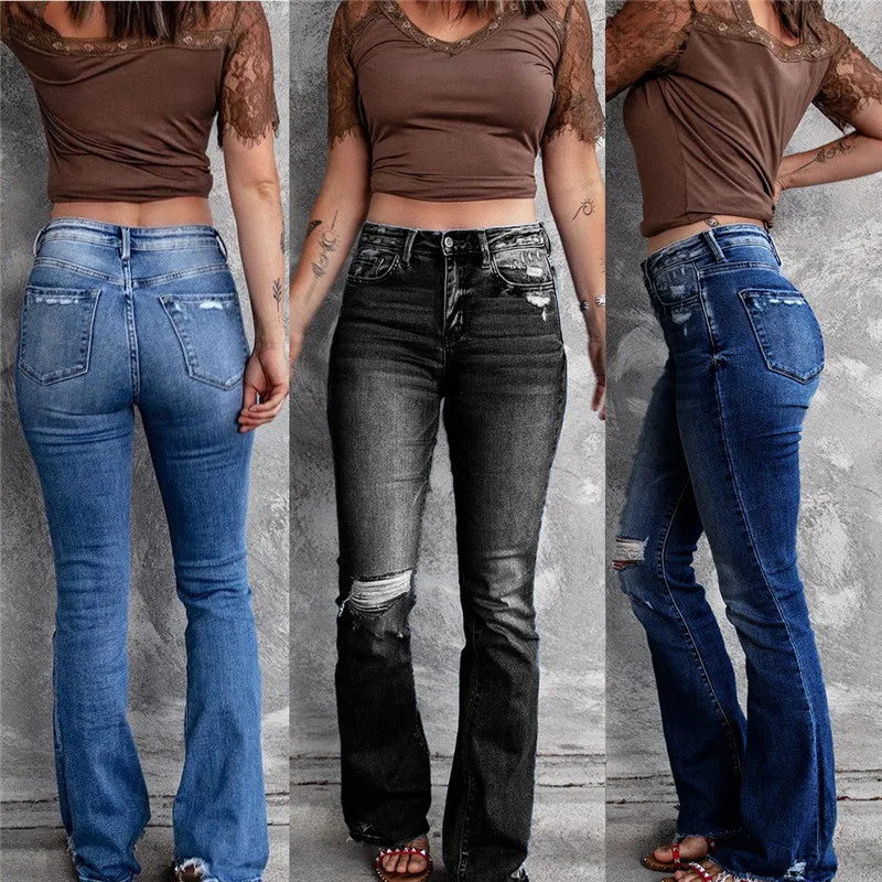 Slim Flared Pants Jeans Newest Women's Ripped Vintage Jeans