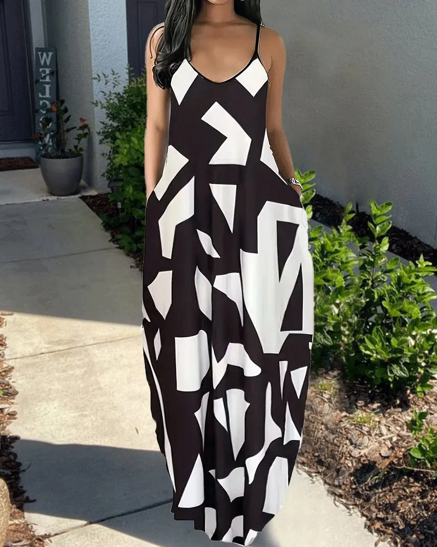 Sling Black Diagonal Stripes Maxi Dress