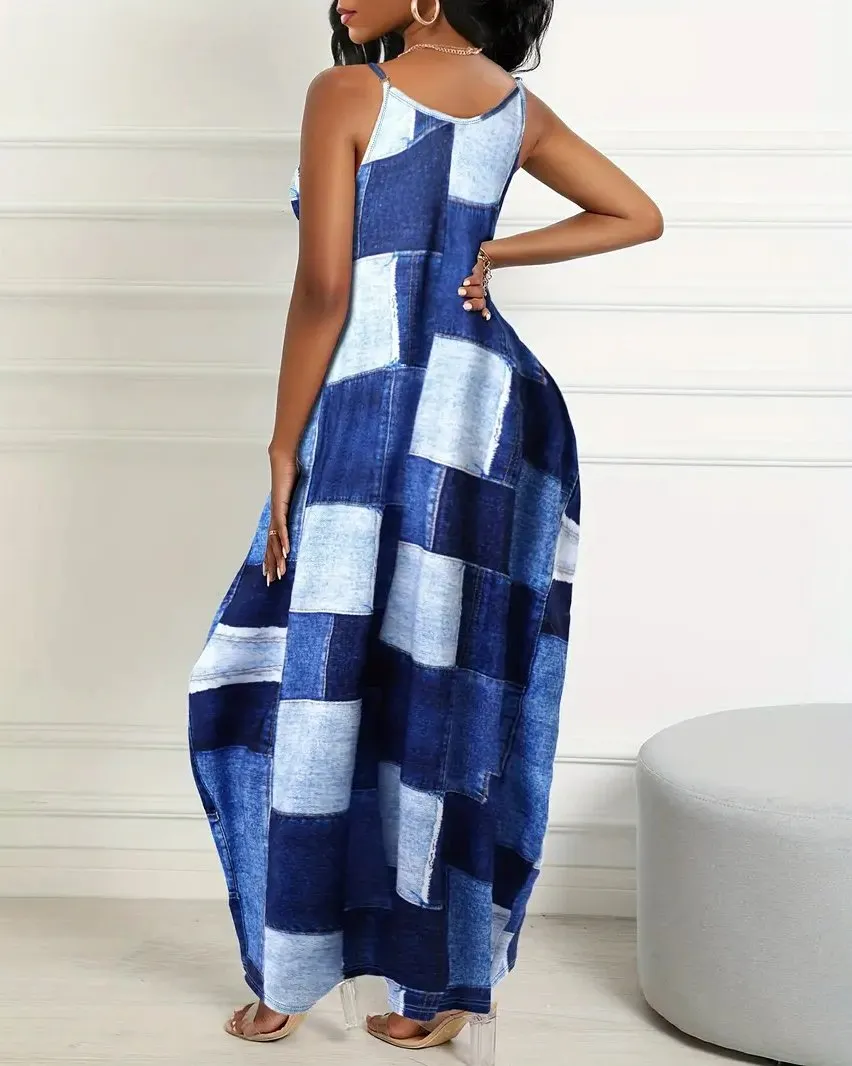 Sling Denim Patch Print Dress