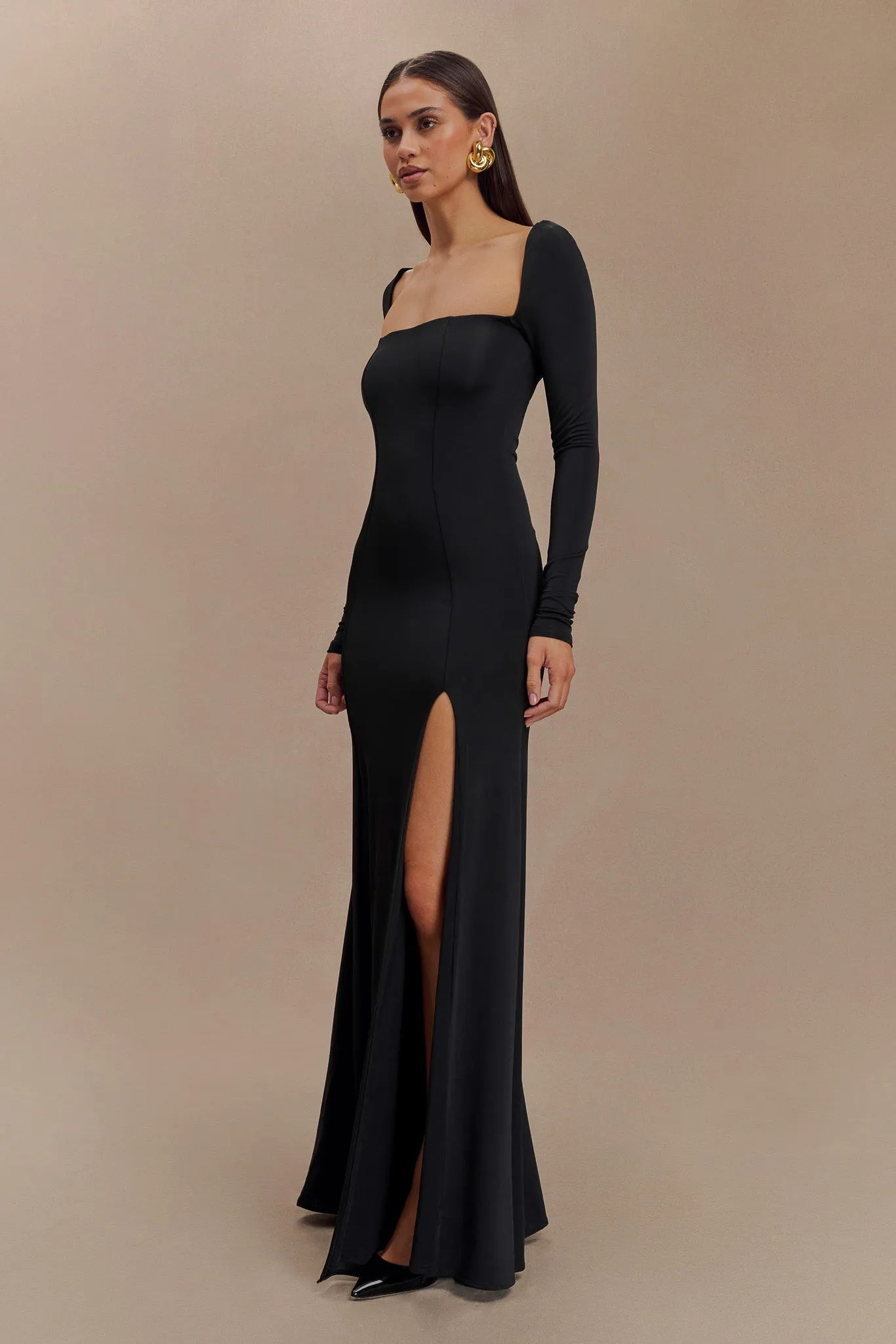 Slinky Long Sleeve Maxi Dress With Split