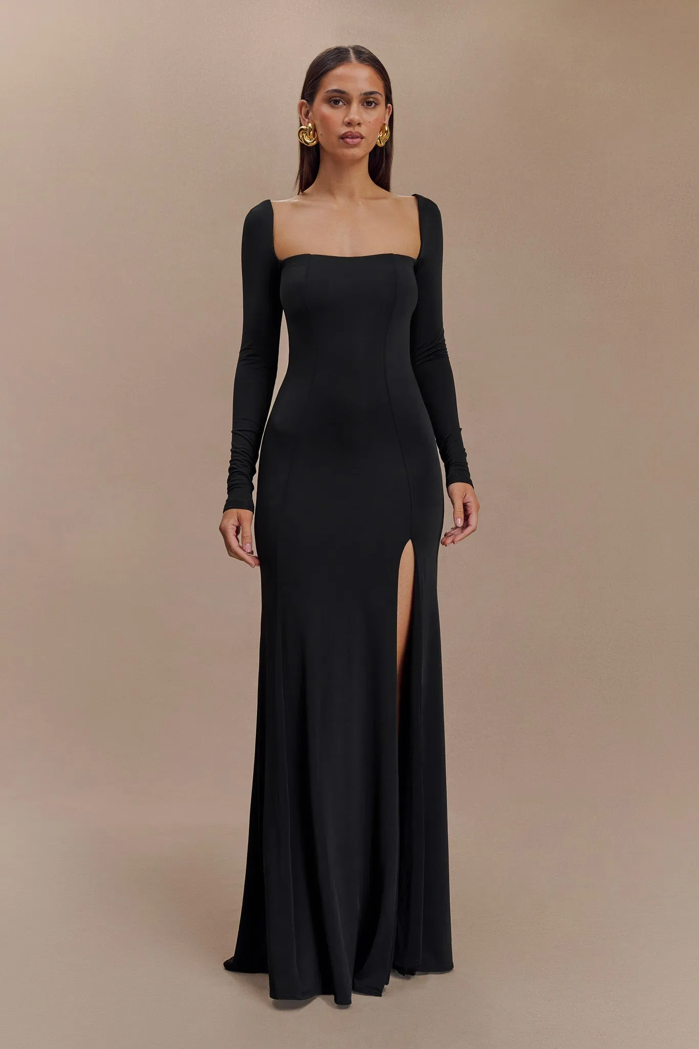 Slinky Long Sleeve Maxi Dress With Split