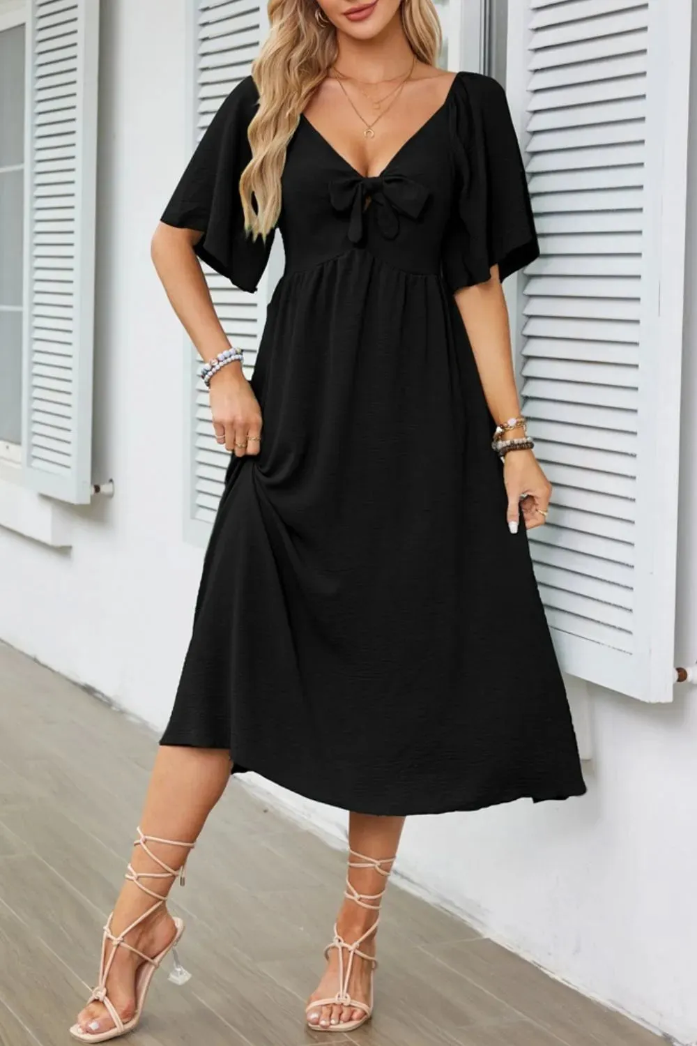 Smocked Tie Front Flutter Sleeve Midi Dress