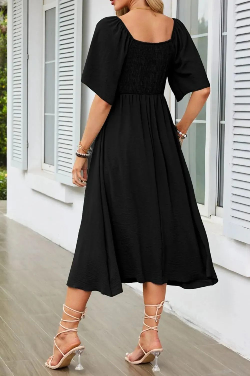 Smocked Tie Front Flutter Sleeve Midi Dress