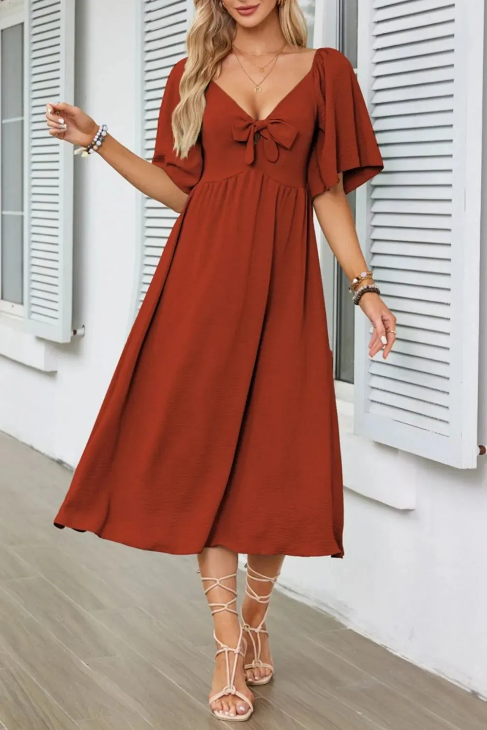 Smocked Tie Front Flutter Sleeve Midi Dress