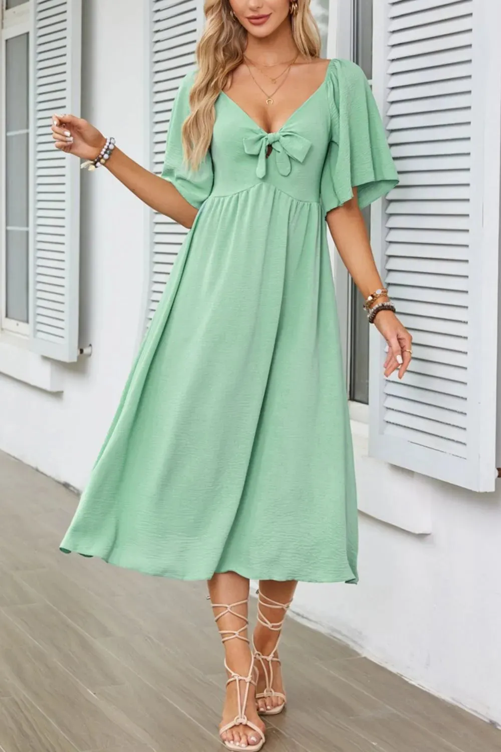 Smocked Tie Front Flutter Sleeve Midi Dress
