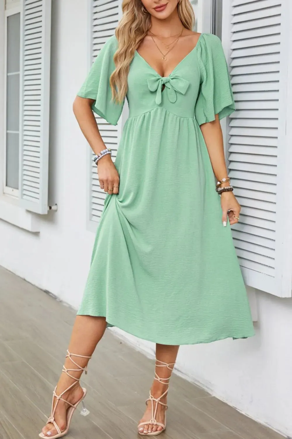 Smocked Tie Front Flutter Sleeve Midi Dress
