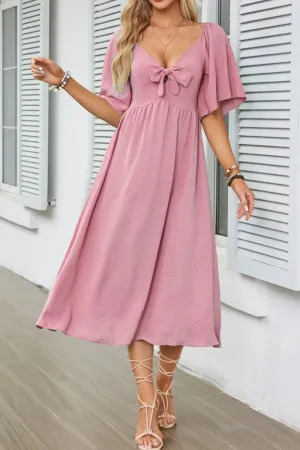 Smocked Tie Front Flutter Sleeve Midi Dress