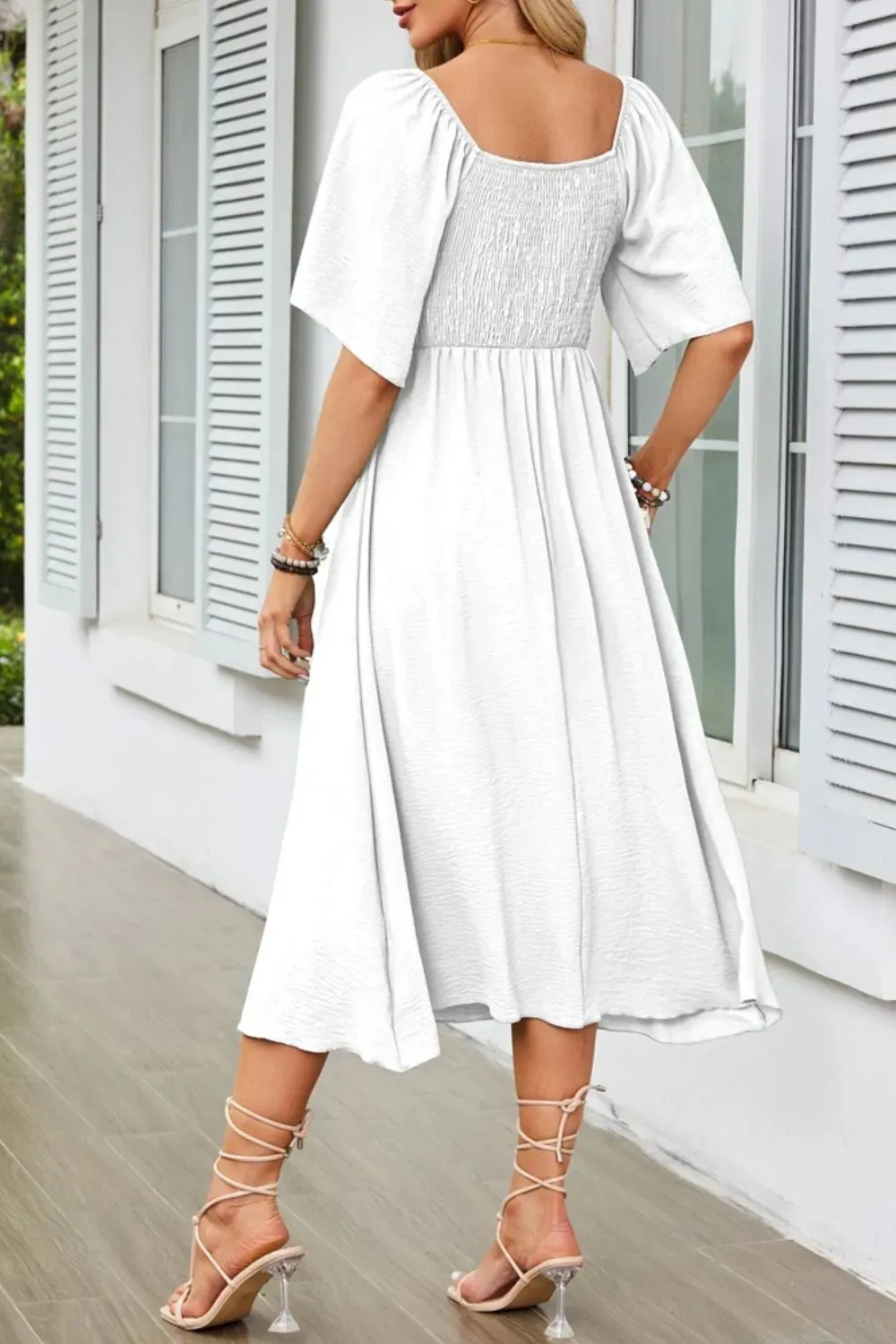 Smocked Tie Front Flutter Sleeve Midi Dress