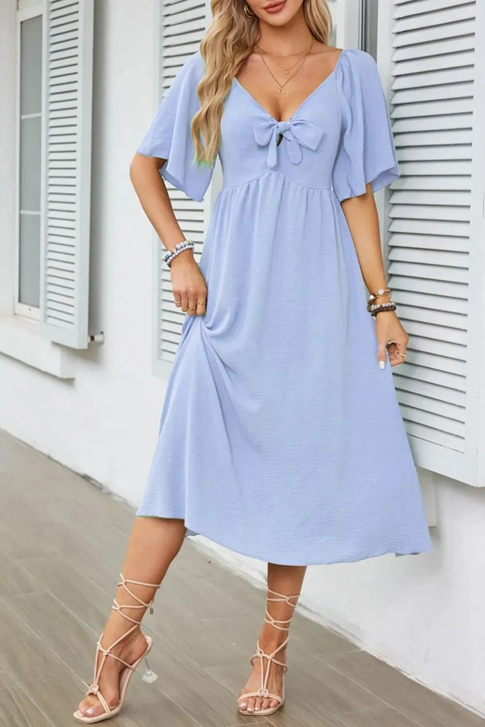 Smocked Tie Front Flutter Sleeve Midi Dress