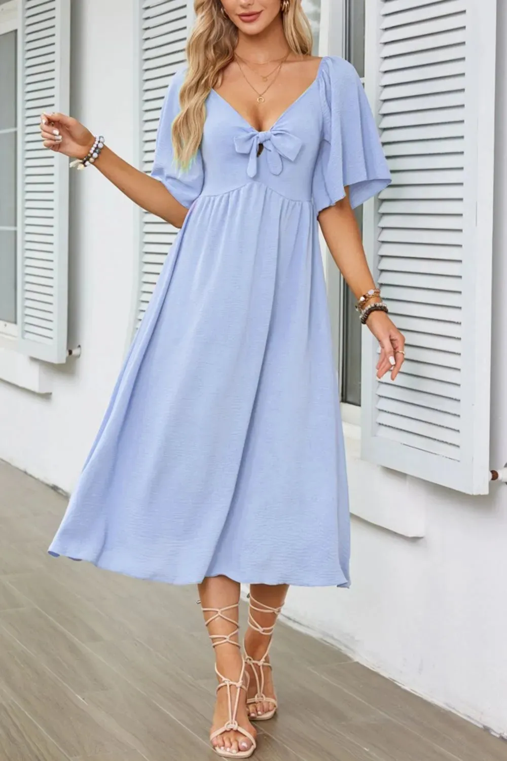 Smocked Tie Front Flutter Sleeve Midi Dress