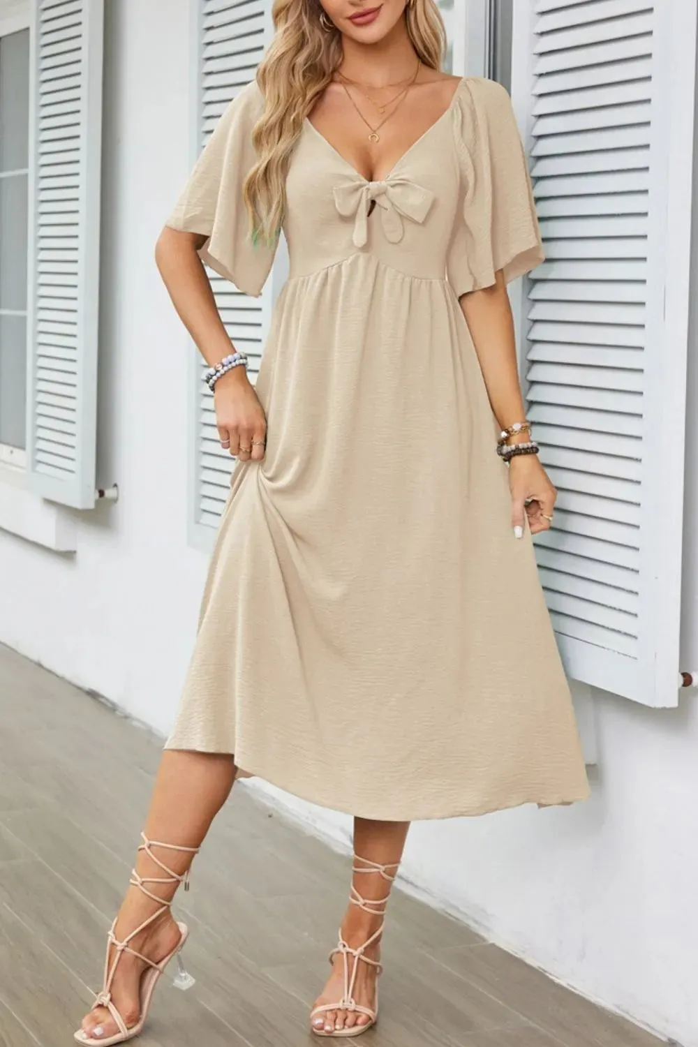 Smocked Tie Front Flutter Sleeve Midi Dress