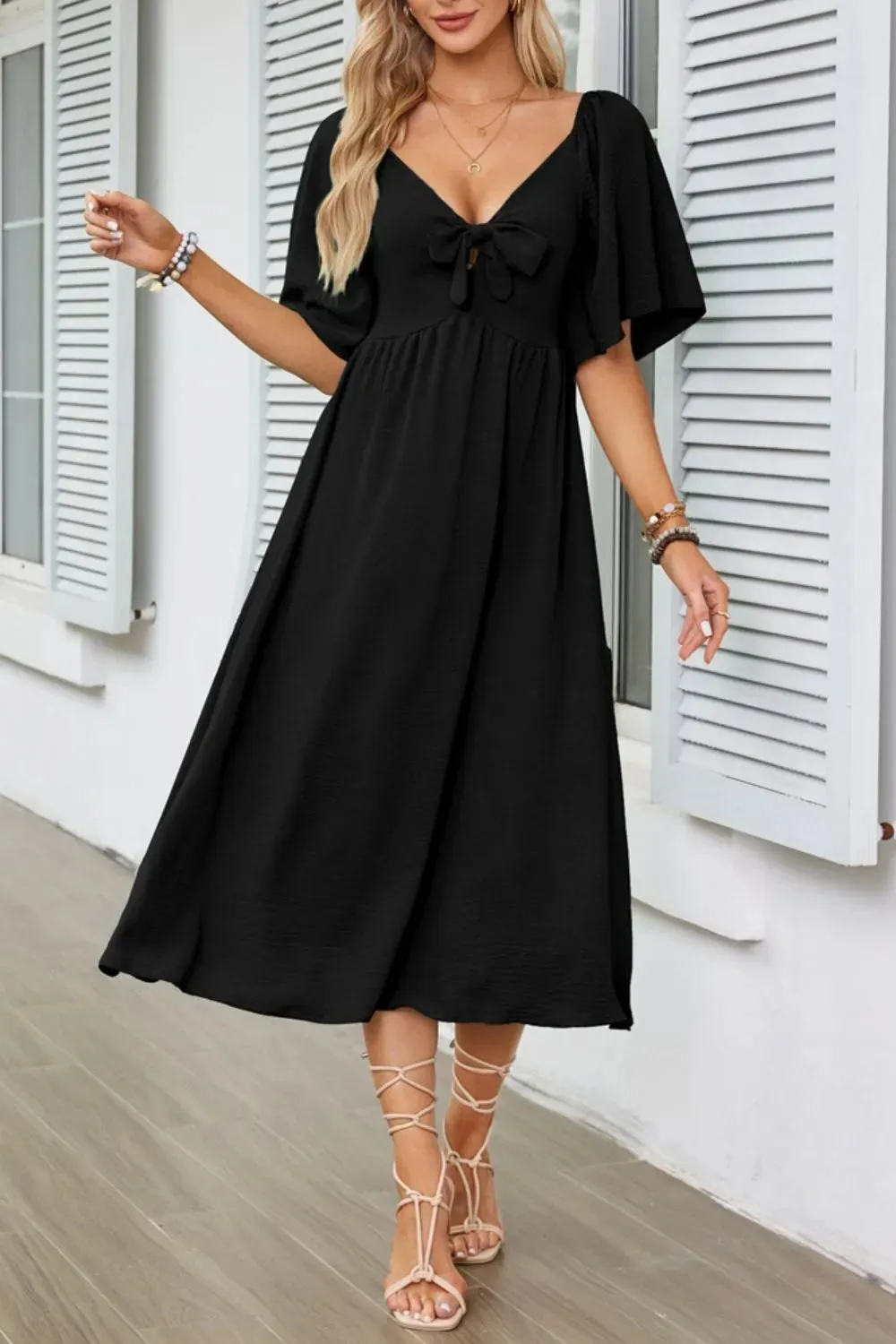 Smocked Tie Front Flutter Sleeve Midi Dress