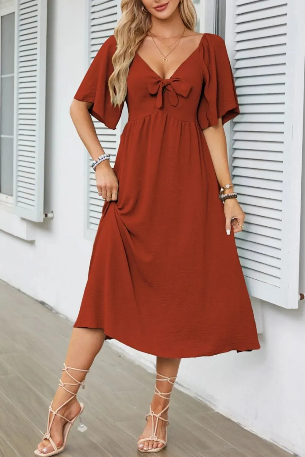 Smocked Tie Front Flutter Sleeve Midi Dress