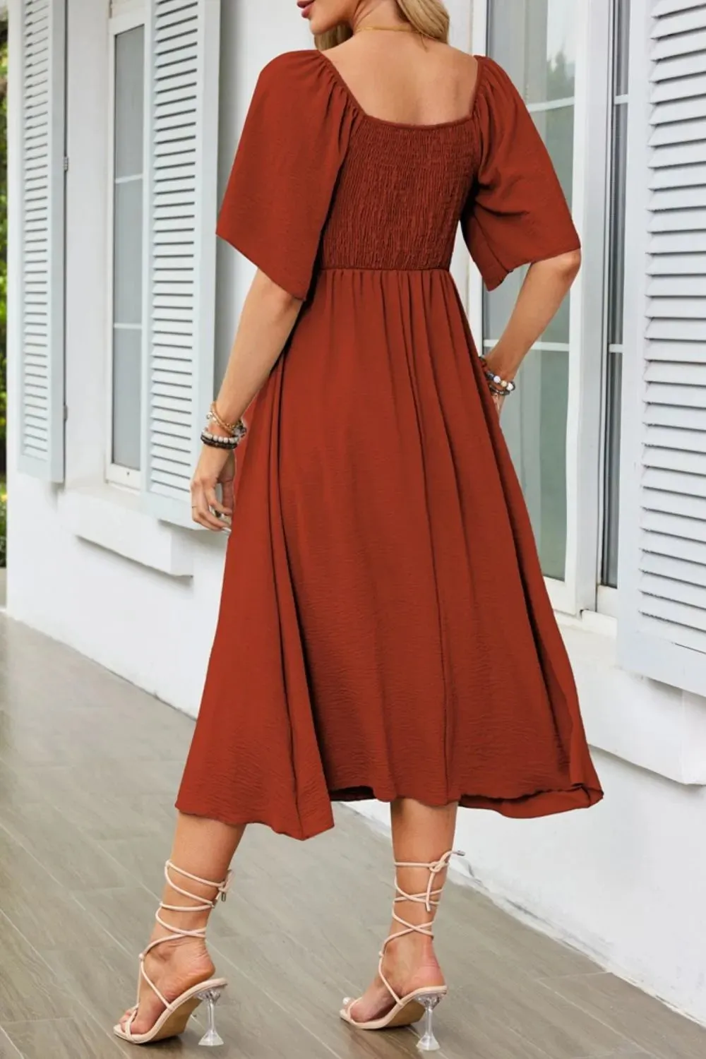 Smocked Tie Front Flutter Sleeve Midi Dress
