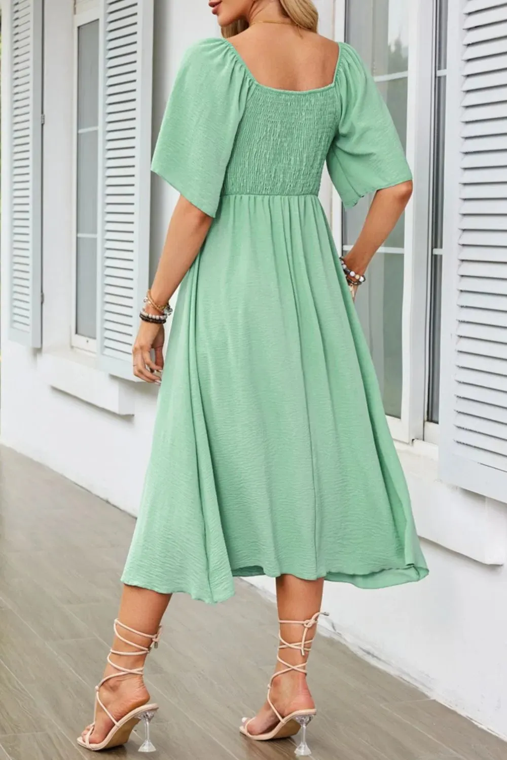 Smocked Tie Front Flutter Sleeve Midi Dress