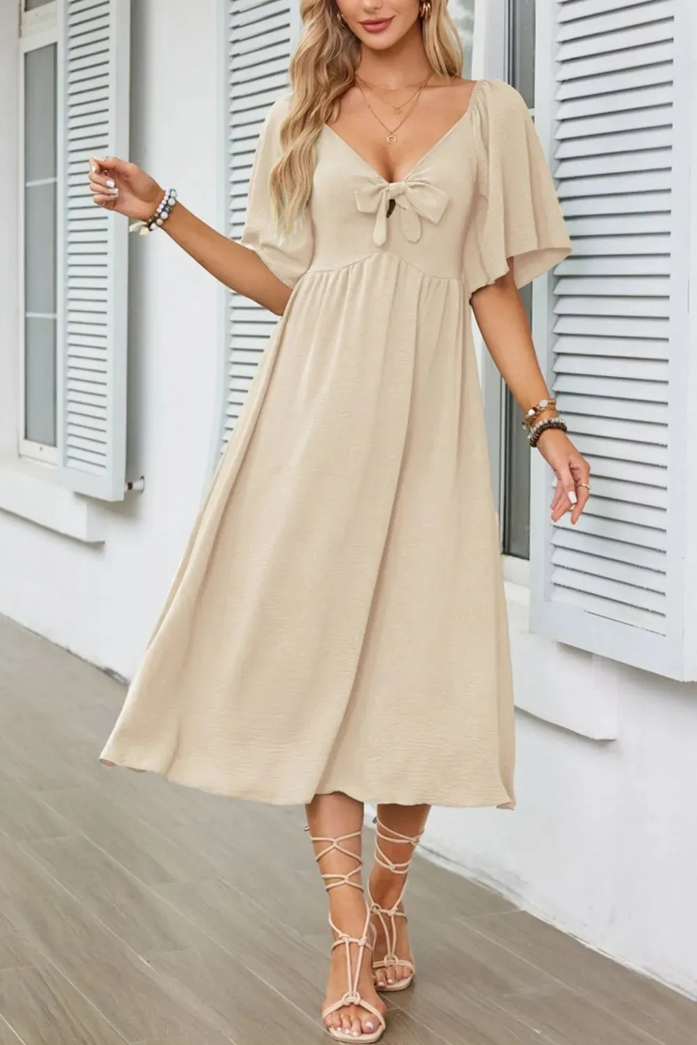 Smocked Tie Front Flutter Sleeve Midi Dress