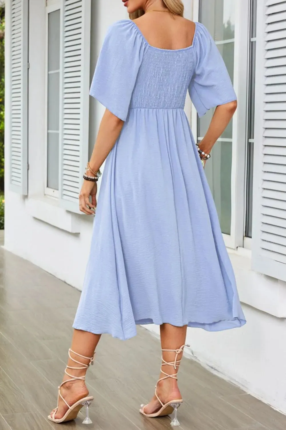 Smocked Tie Front Flutter Sleeve Midi Dress