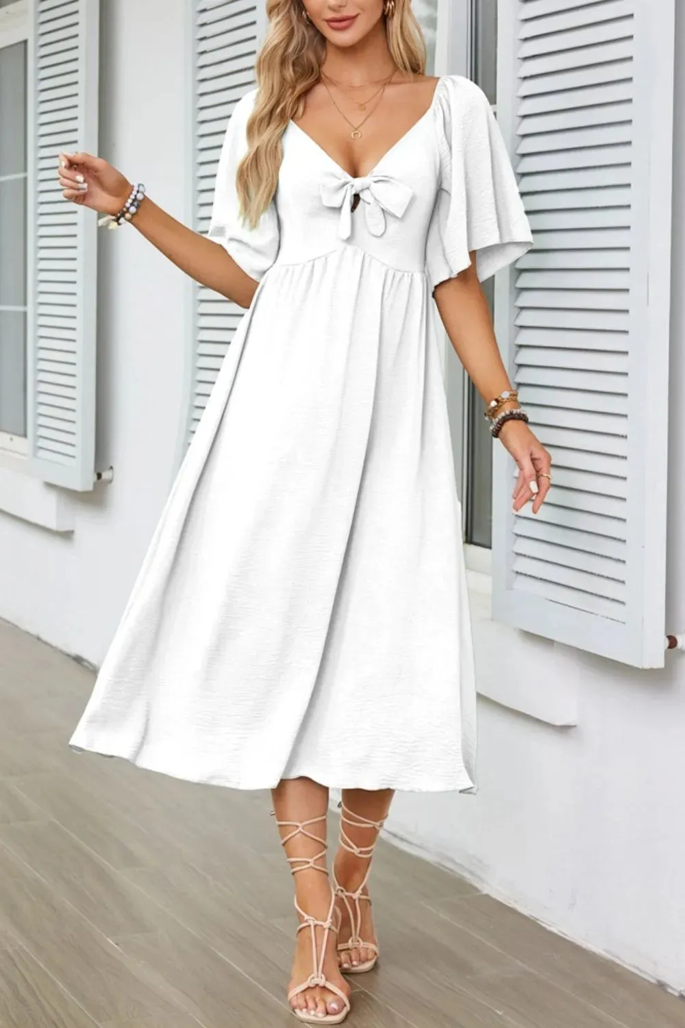 Smocked Tie Front Flutter Sleeve Midi Dress