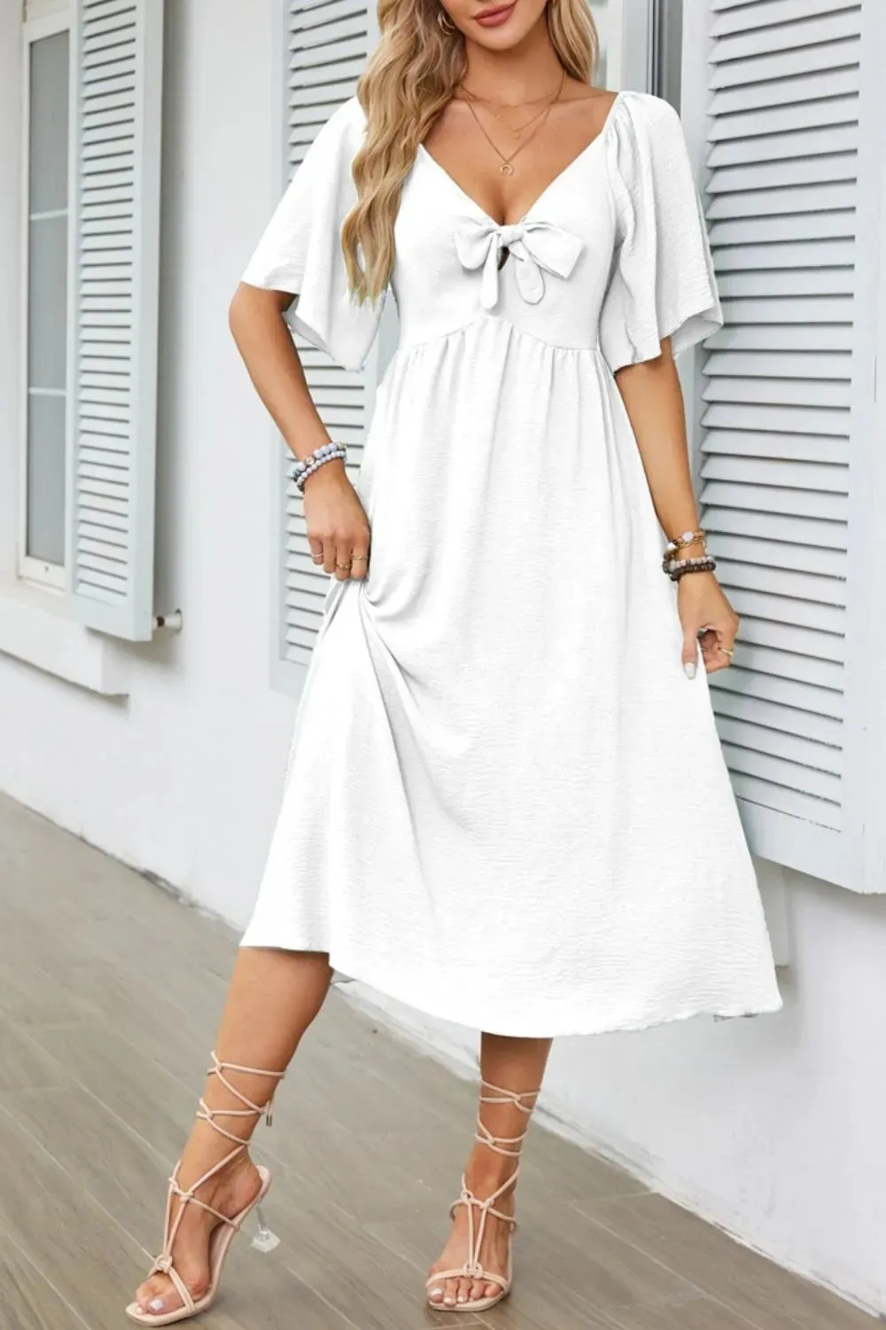 Smocked Tie Front Flutter Sleeve Midi Dress