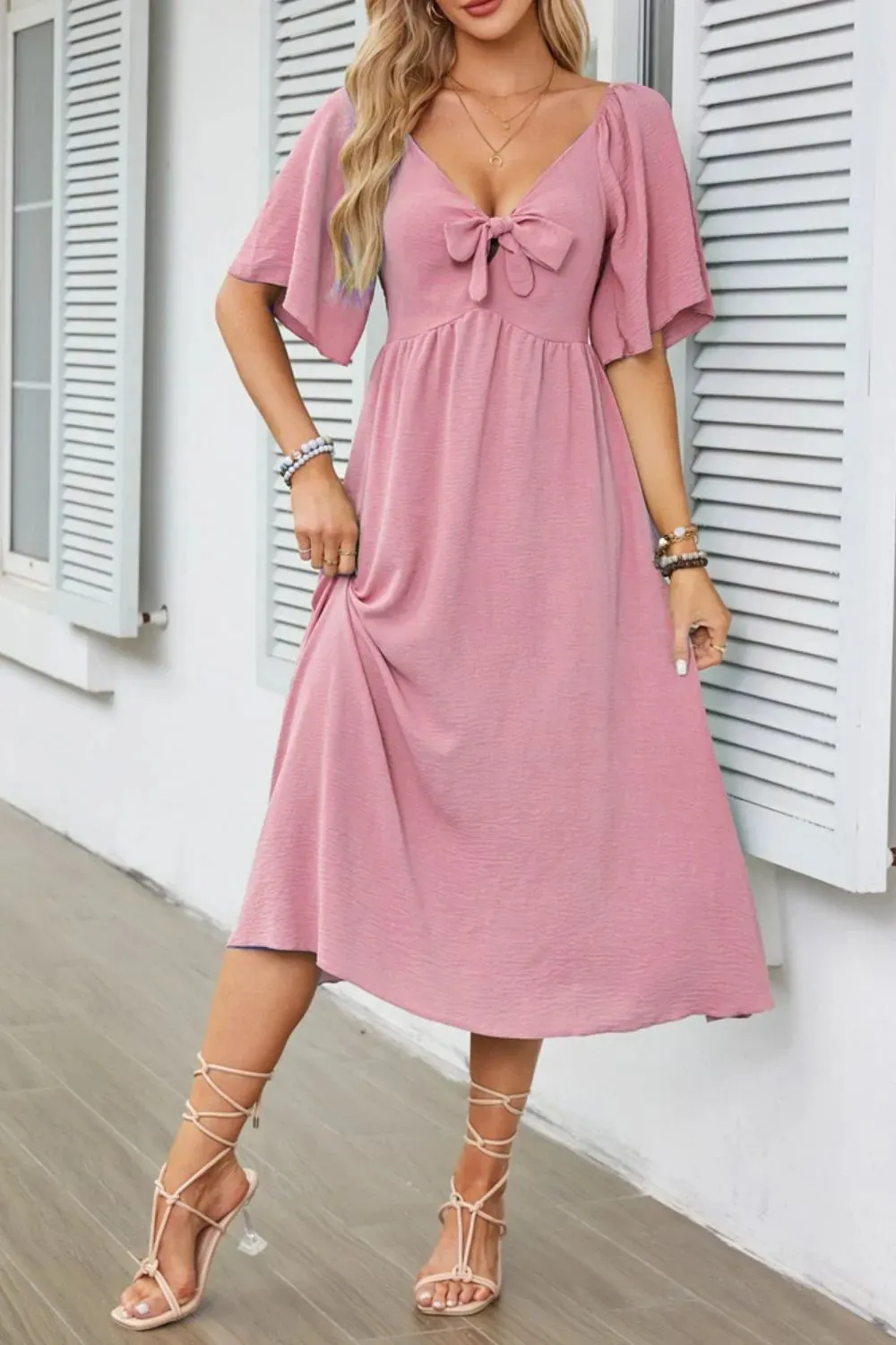 Smocked Tie Front Flutter Sleeve Midi Dress