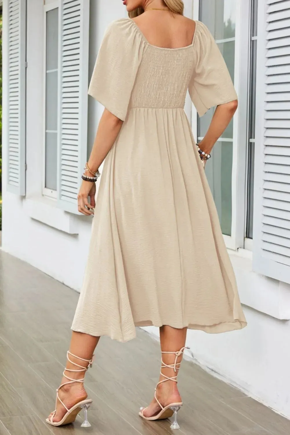 Smocked Tie Front Flutter Sleeve Midi Dress