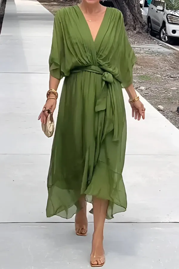 Solid Color V-neck Bat Sleeve Lace-up Irregular Hem Midi Dress