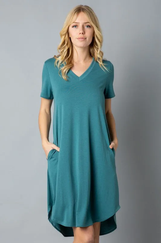 Solid Short Sleeve V Neck Midi Dress