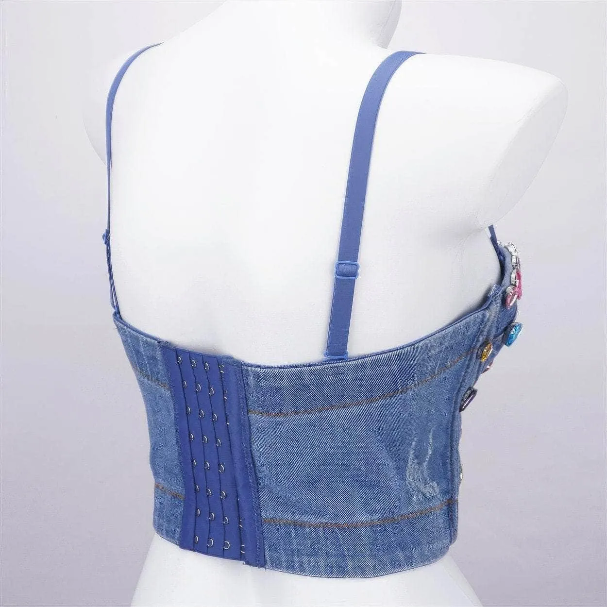 Spaghetti Strap Denim Rhinestone Decorated Bralette