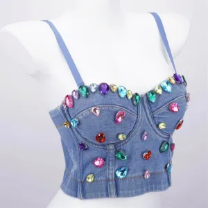 Spaghetti Strap Denim Rhinestone Decorated Bralette