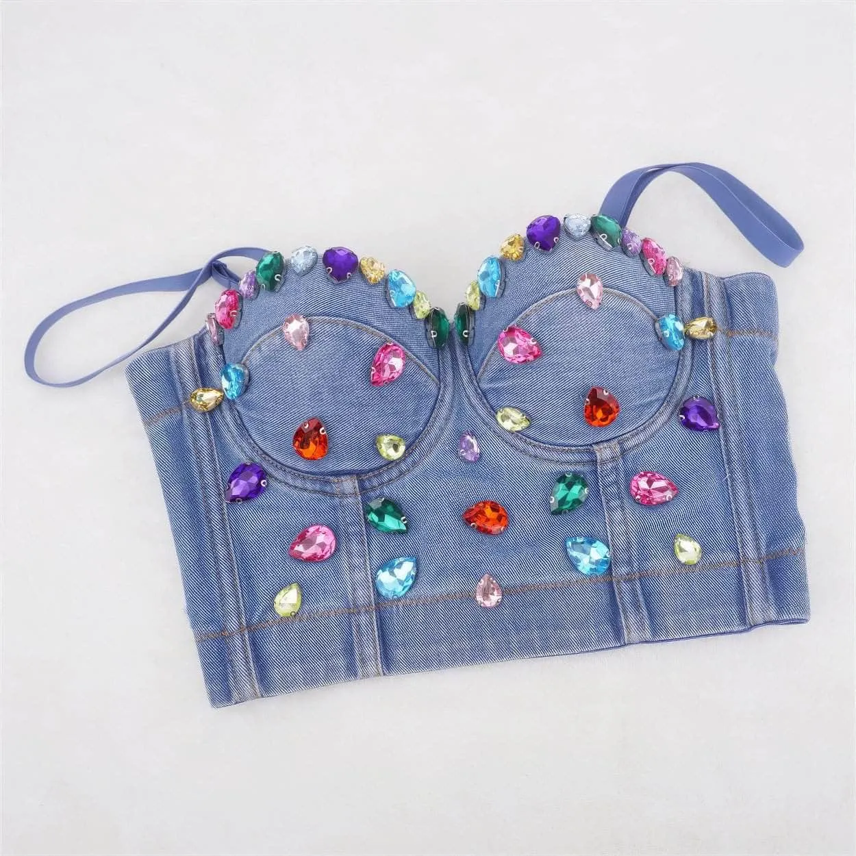 Spaghetti Strap Denim Rhinestone Decorated Bralette