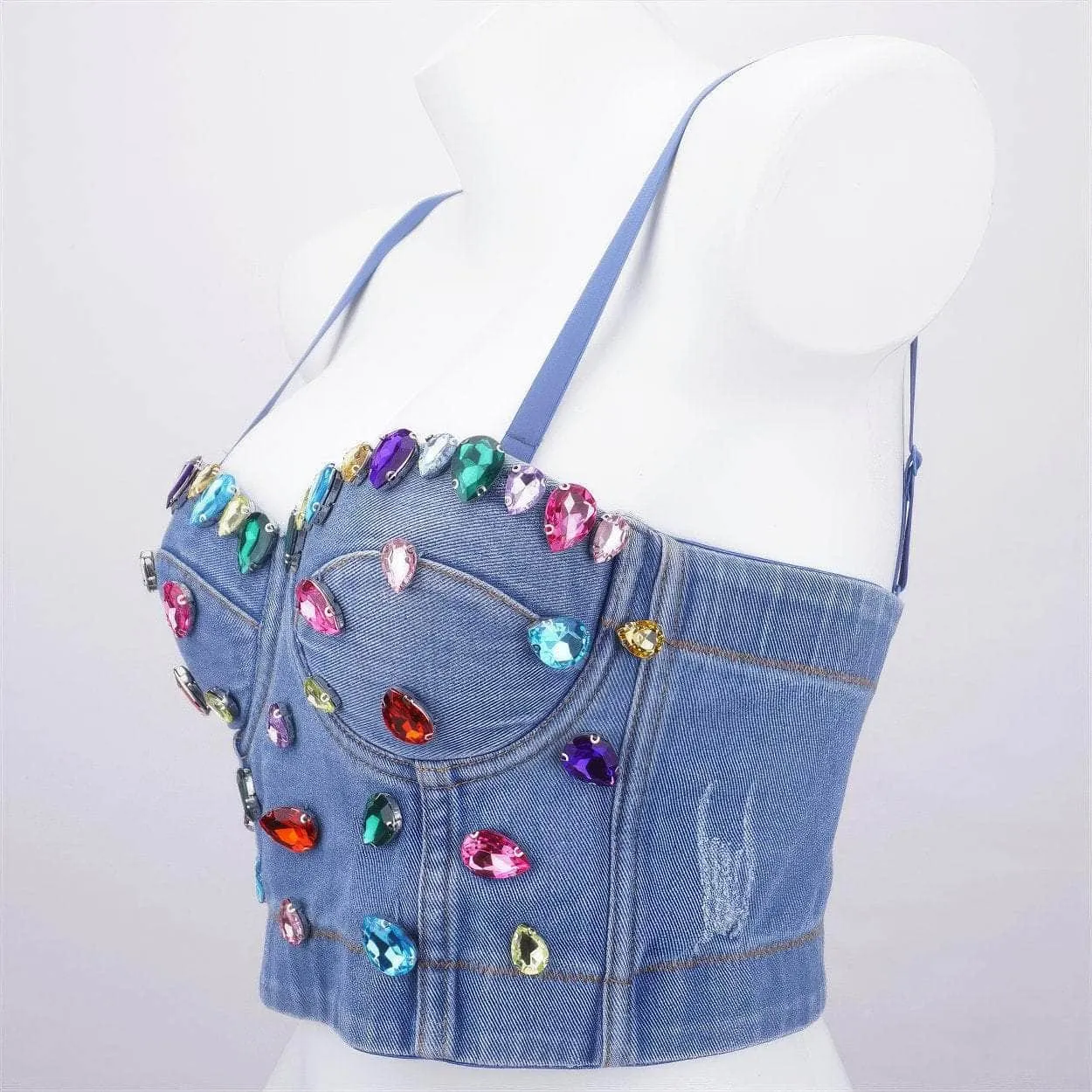 Spaghetti Strap Denim Rhinestone Decorated Bralette