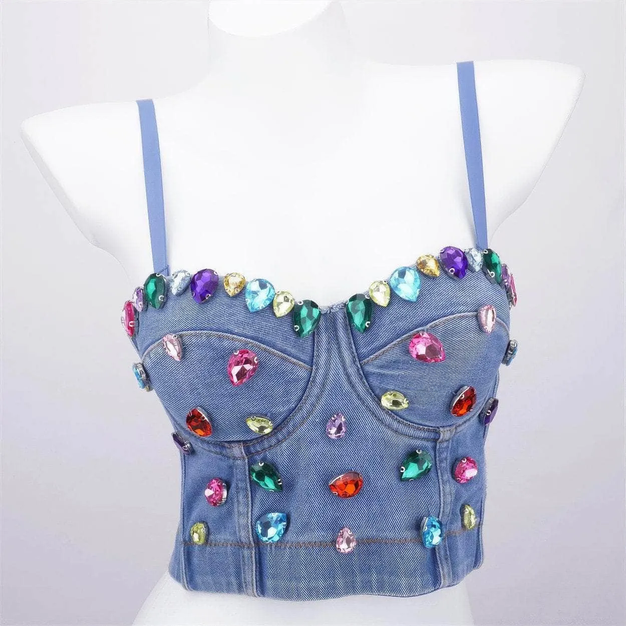 Spaghetti Strap Denim Rhinestone Decorated Bralette