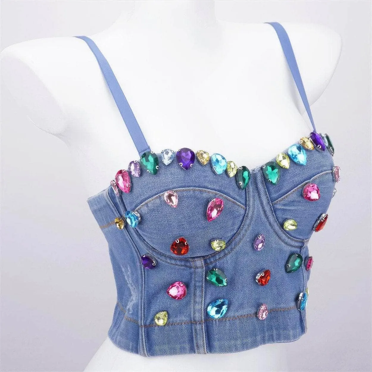 Spaghetti Strap Denim Rhinestone Decorated Bralette