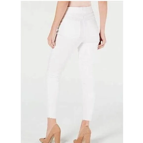 SPANX White High Waisted Skinny Jeans Raw Hem Distressed Ankle Pants Siz…