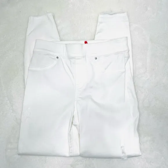 SPANX White High Waisted Skinny Jeans Raw Hem Distressed Ankle Pants Siz…