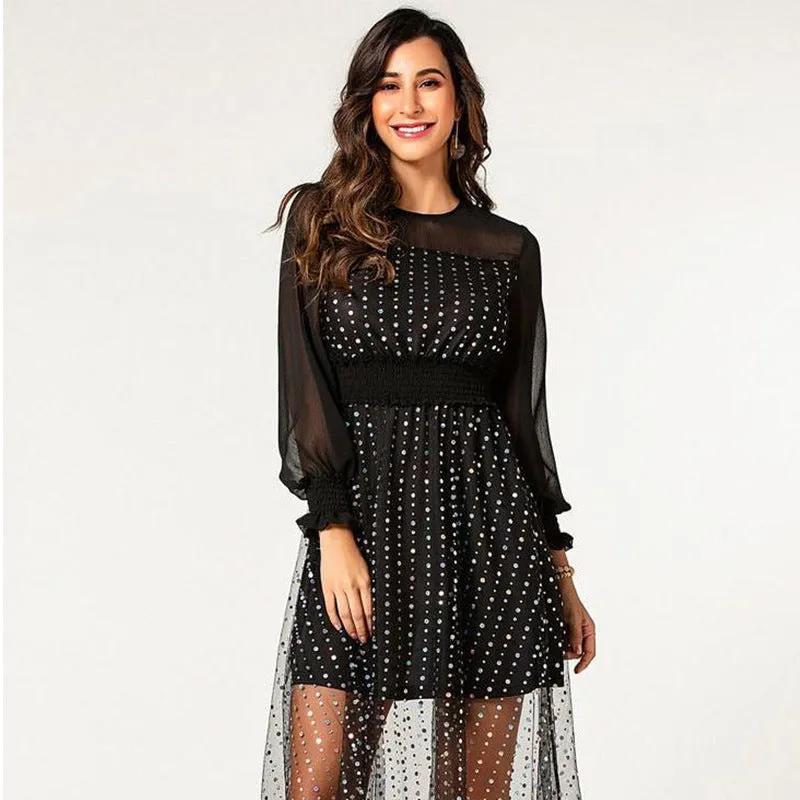 Spring and Autumn New Sexy Perspective Stitching Long Section Trumpet Sleeve Mesh Long Section
