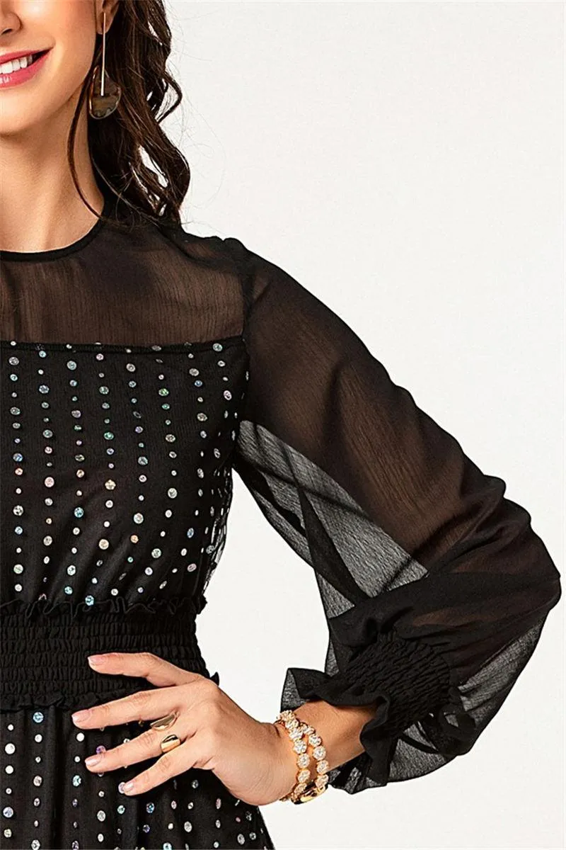 Spring and Autumn New Sexy Perspective Stitching Long Section Trumpet Sleeve Mesh Long Section