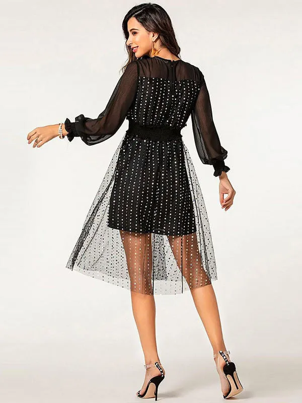 Spring and Autumn New Sexy Perspective Stitching Long Section Trumpet Sleeve Mesh Long Section