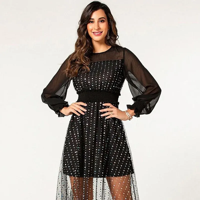 Spring and Autumn New Sexy Perspective Stitching Long Section Trumpet Sleeve Mesh Long Section