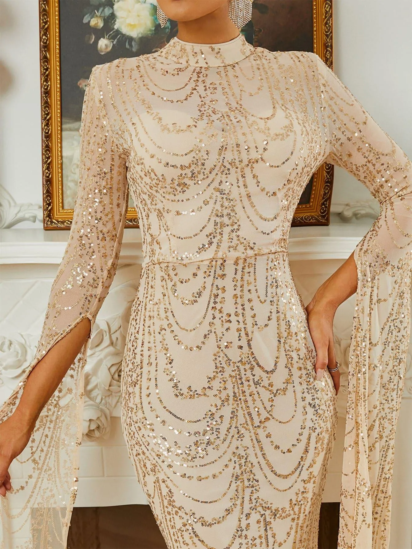 Stand Collar Mermaid Long Sleeve Evening Dress RA60055