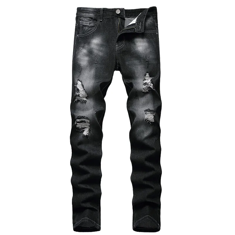 Straight Pants Men's Ripped Jeans Younger Mid Waisted Denim Jeans