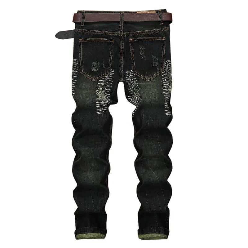 Straight Pants Mid Waist Long Trousers Men's Ripped Urban Jeans