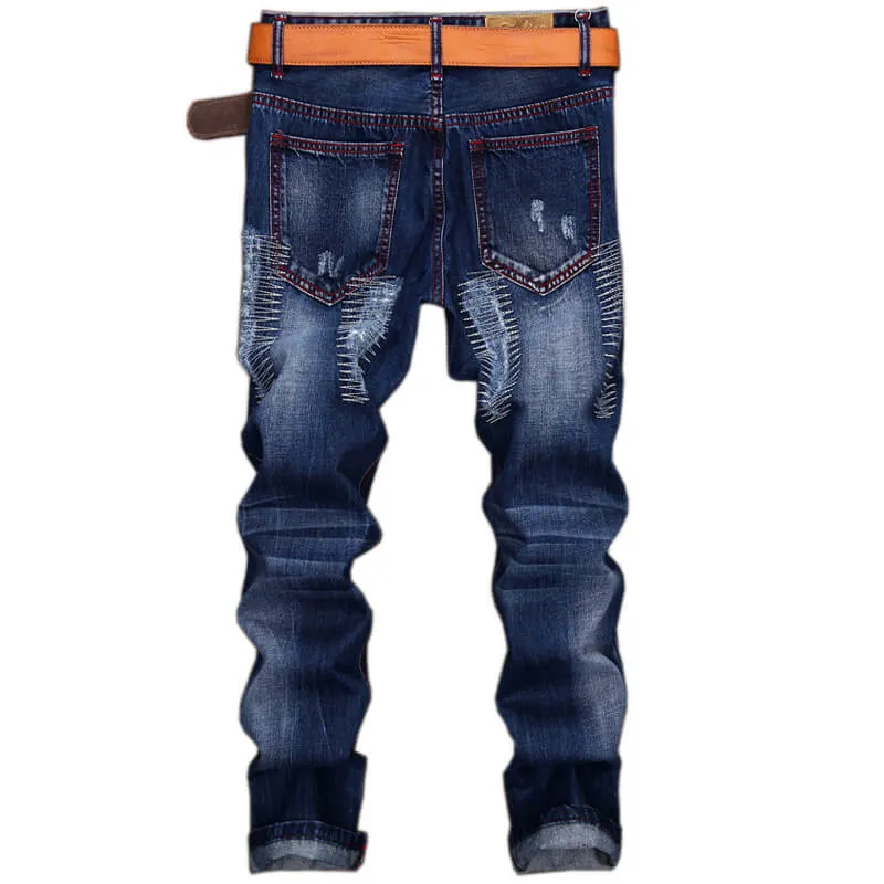 Straight Pants Mid Waist Long Trousers Men's Ripped Urban Jeans