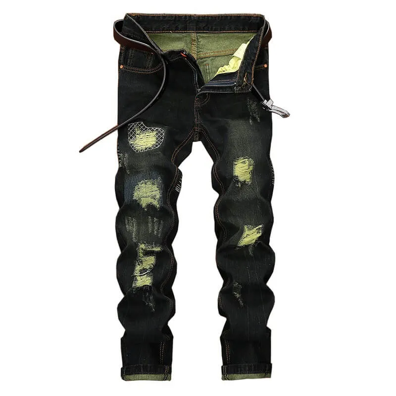 Straight Pants Mid Waist Long Trousers Men's Ripped Urban Jeans