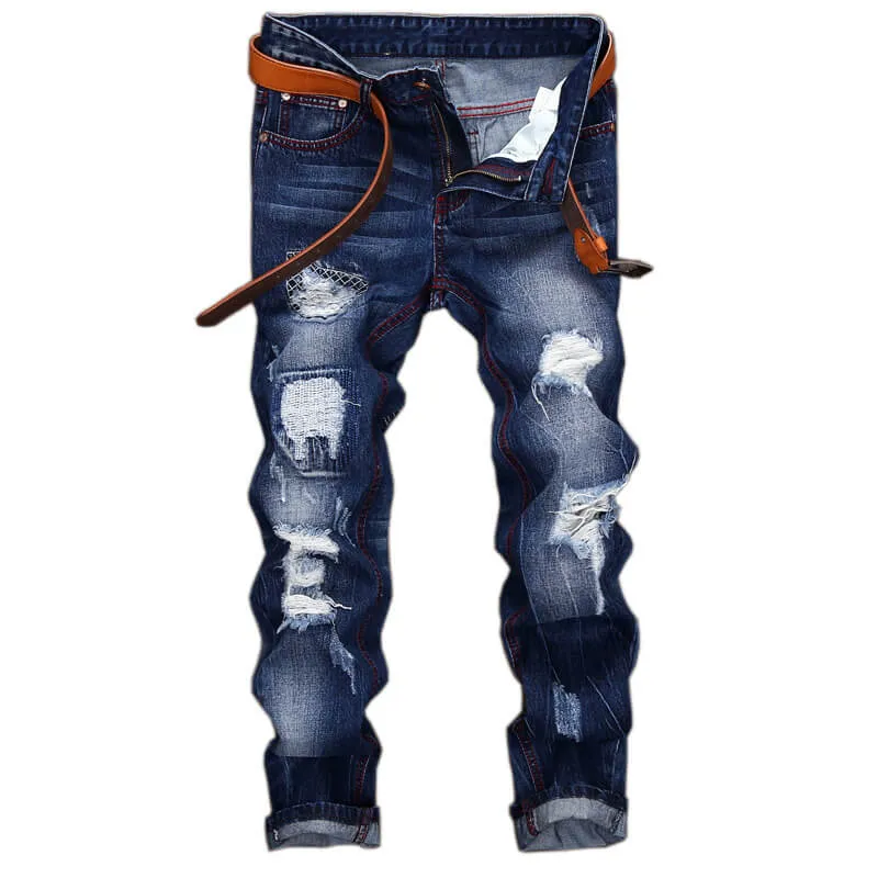Straight Pants Mid Waist Long Trousers Men's Ripped Urban Jeans