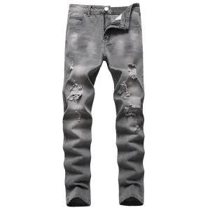 Straight Pants Zipper Denim Men's Ripped Jeans Mid Waisted Jeans